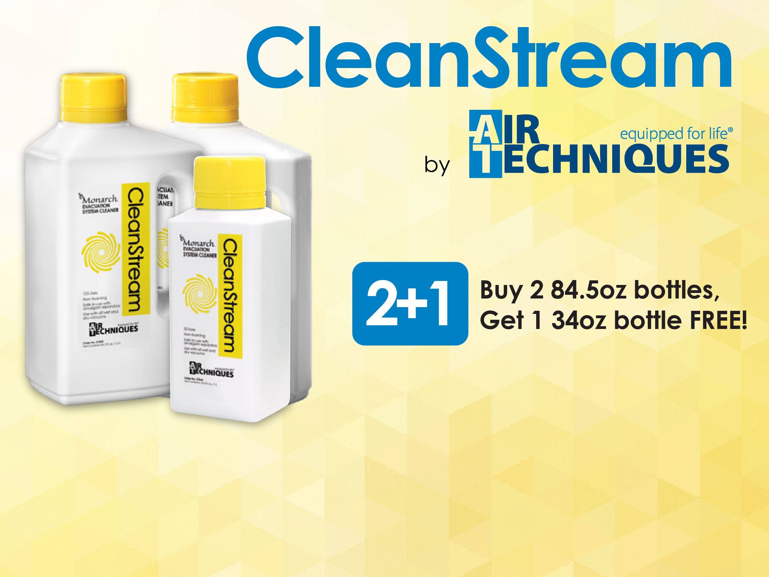 CleanStream promotion with product bottles and a buy two get one free offer.