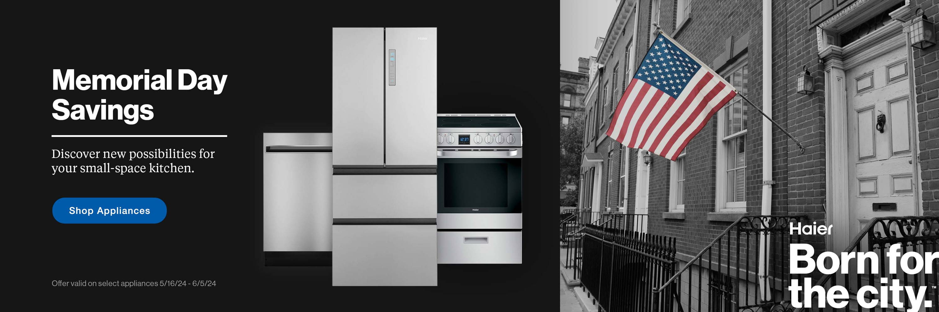 Memorial Day Savings. Discover new possibilities for your small-space kitchen. Save up to 35% off.American flag on a building in Brooklyn in New York, USA