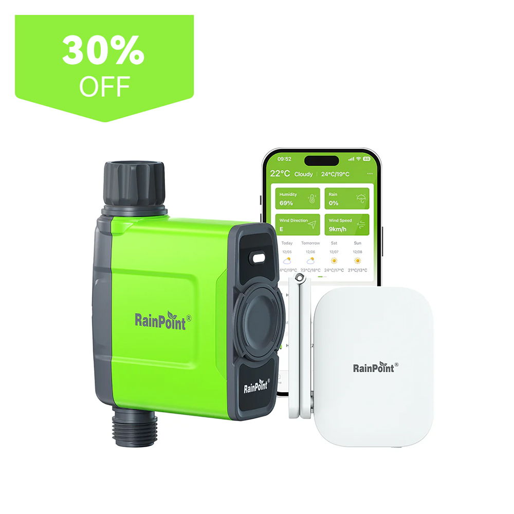 Smart irrigation device with mobile app, featuring a 30% discount banner.