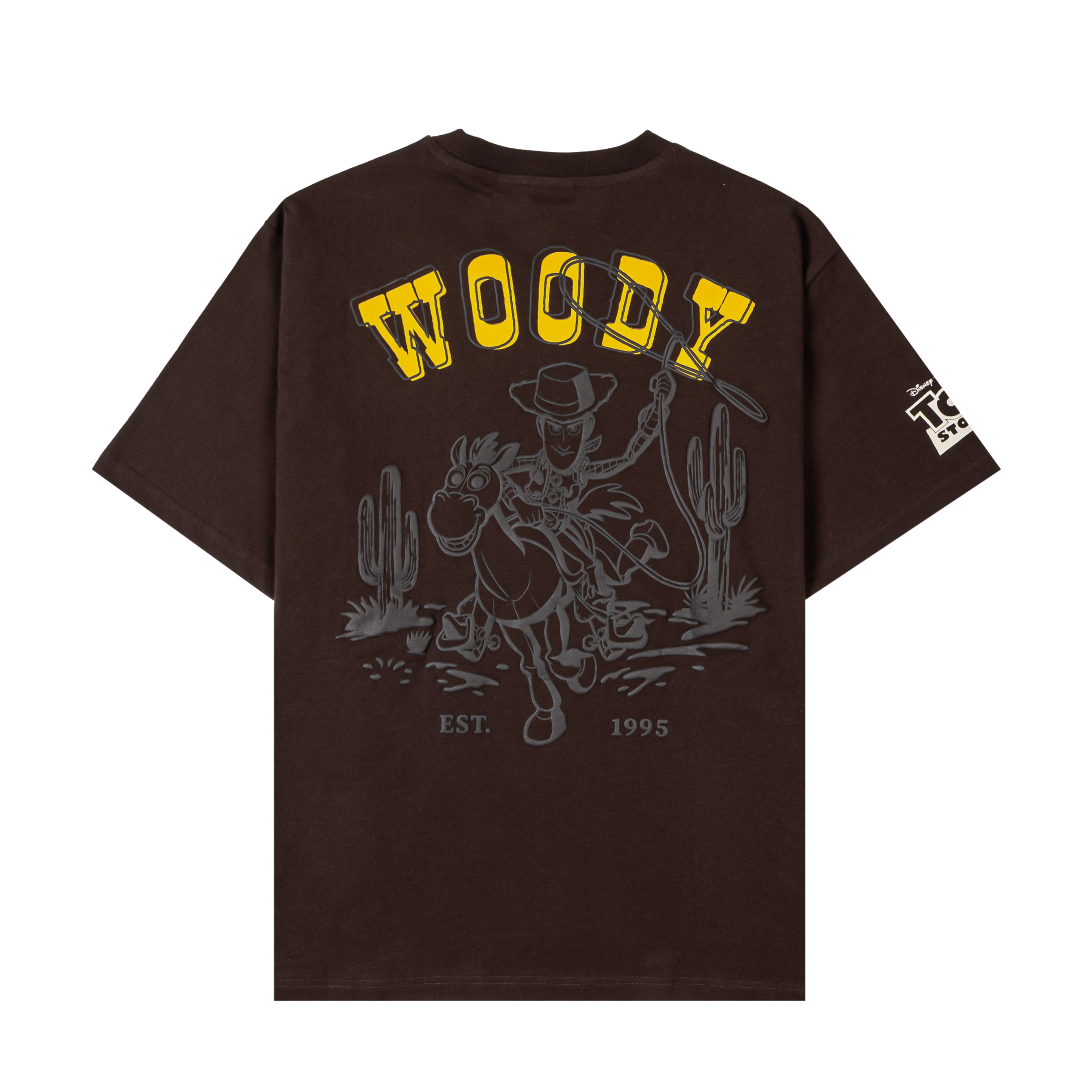 Brown t-shirt with graphics on the front and sleeve.