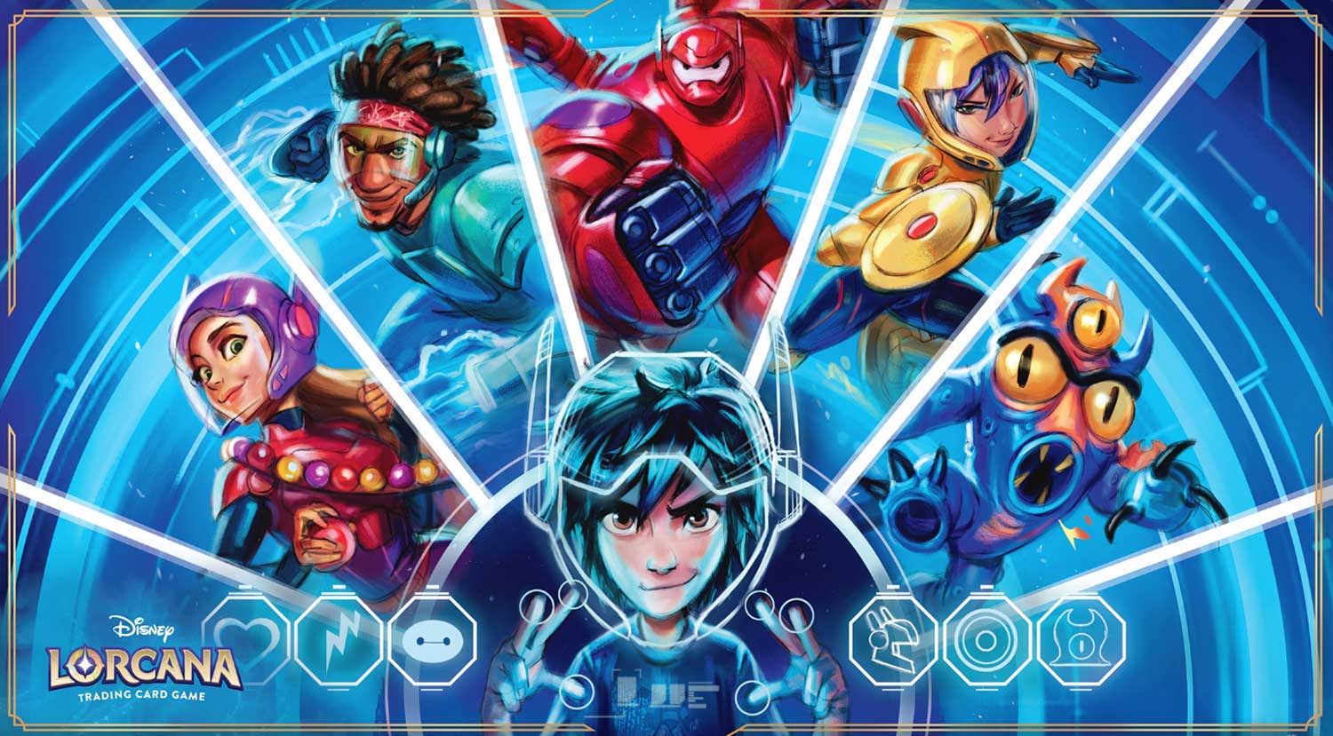 Colorful characters from Disney Lorcana on a futuristic background.