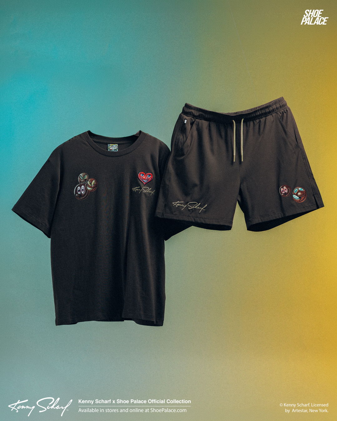 Black t-shirt and shorts displayed on a gradient background.