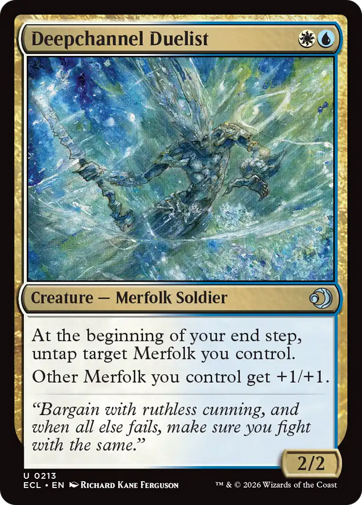 Illustration of Deepchannel Duelist, a Merfolk Soldier creature card.