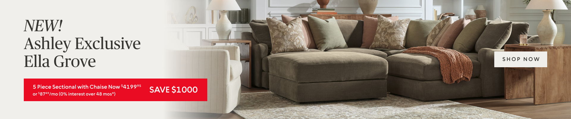 Save $1000​ on the New Ashley Exclusive Ella Grove 5 Piece Sectional with Chaise