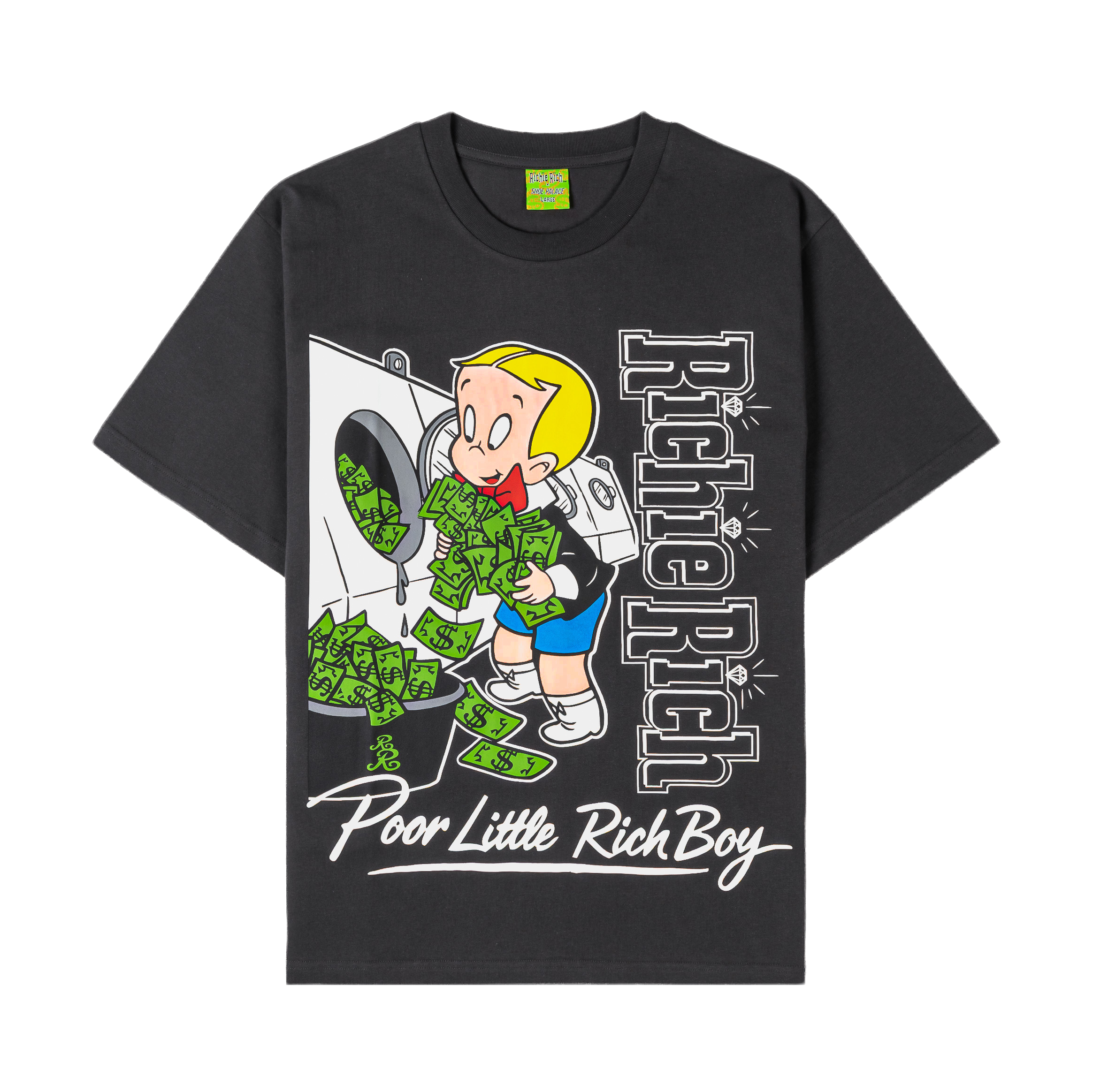Black t-shirt featuring cartoon character with money and text 