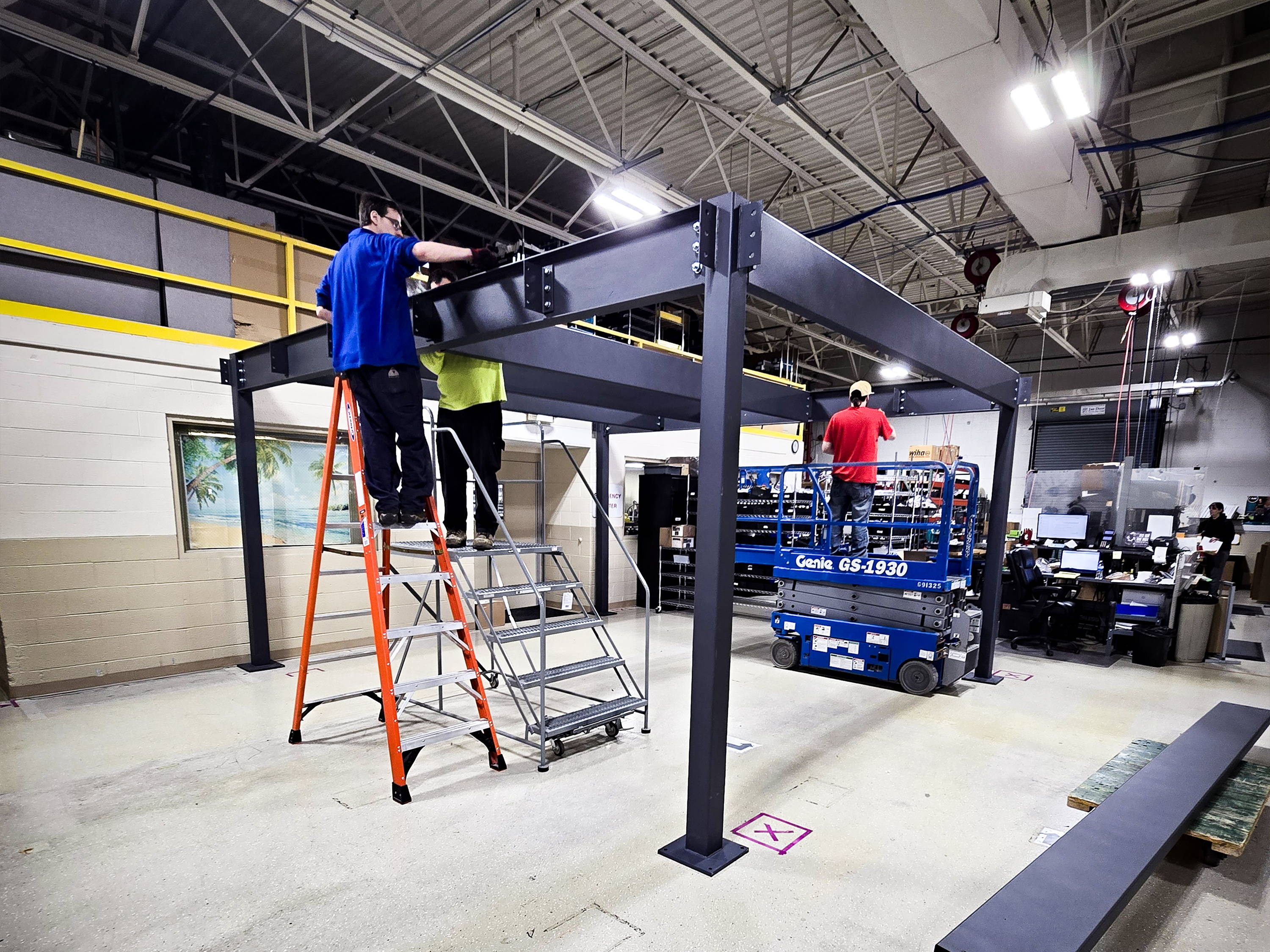 I-Beams being installed on mezzanine at College Park Industries by The Safety Source LLC.