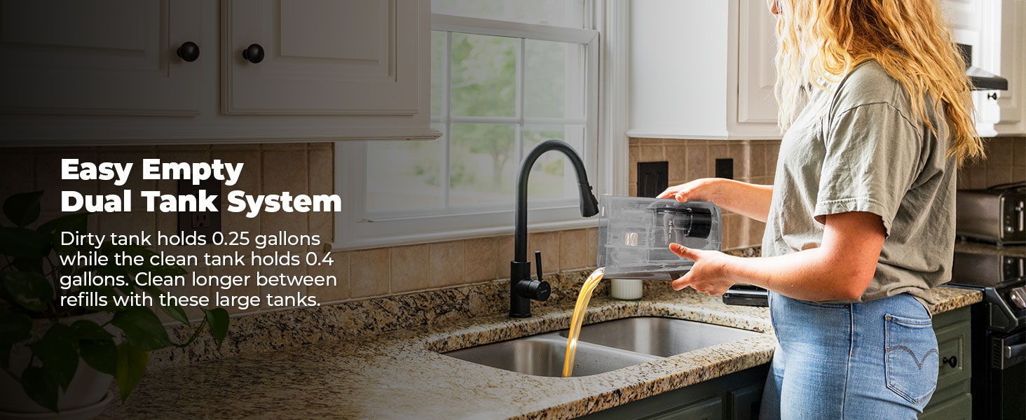 Woman pouring liquid into sink with a dual tank system.