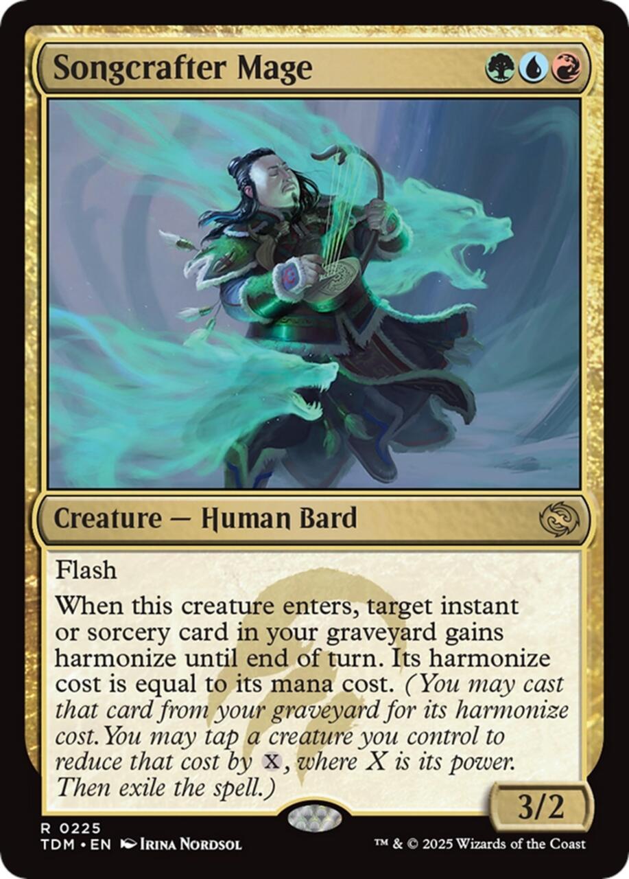 Card art of Songcrafter Mage, a Human Bard creature with abilities.