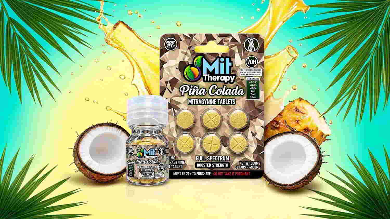 Bottles of dietary supplements with tropical background and coconuts.