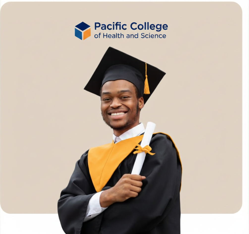 Smiling graduate holding diploma, wearing cap and gown, Pacific College logo above.