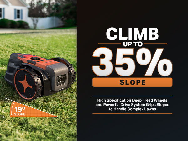 Robot lawn mower on grass with slope climbing specifications.