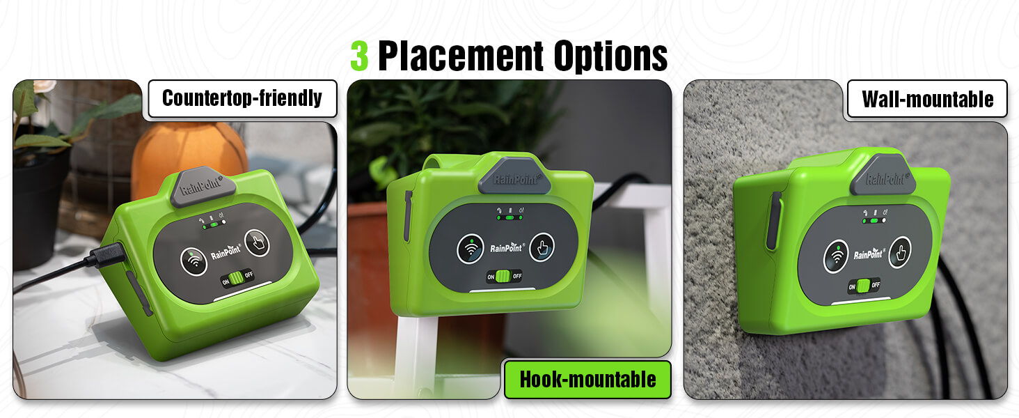 Green device with placement options: countertop, wall-mounted, and attached to cables.