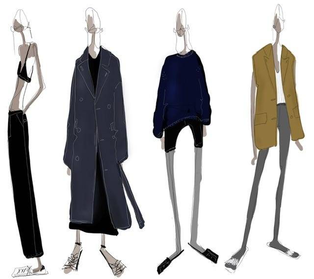 Illustrated models wearing Tibi clothing from the Spring 24 Fundamentals