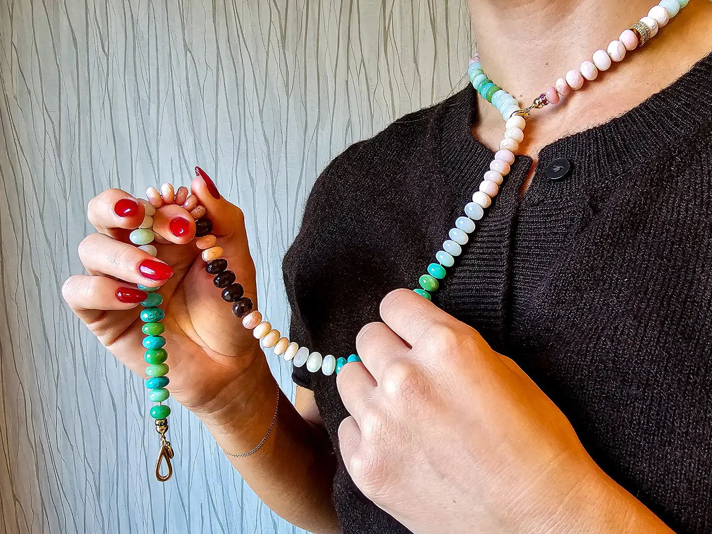 Nina wearing colorful necklace