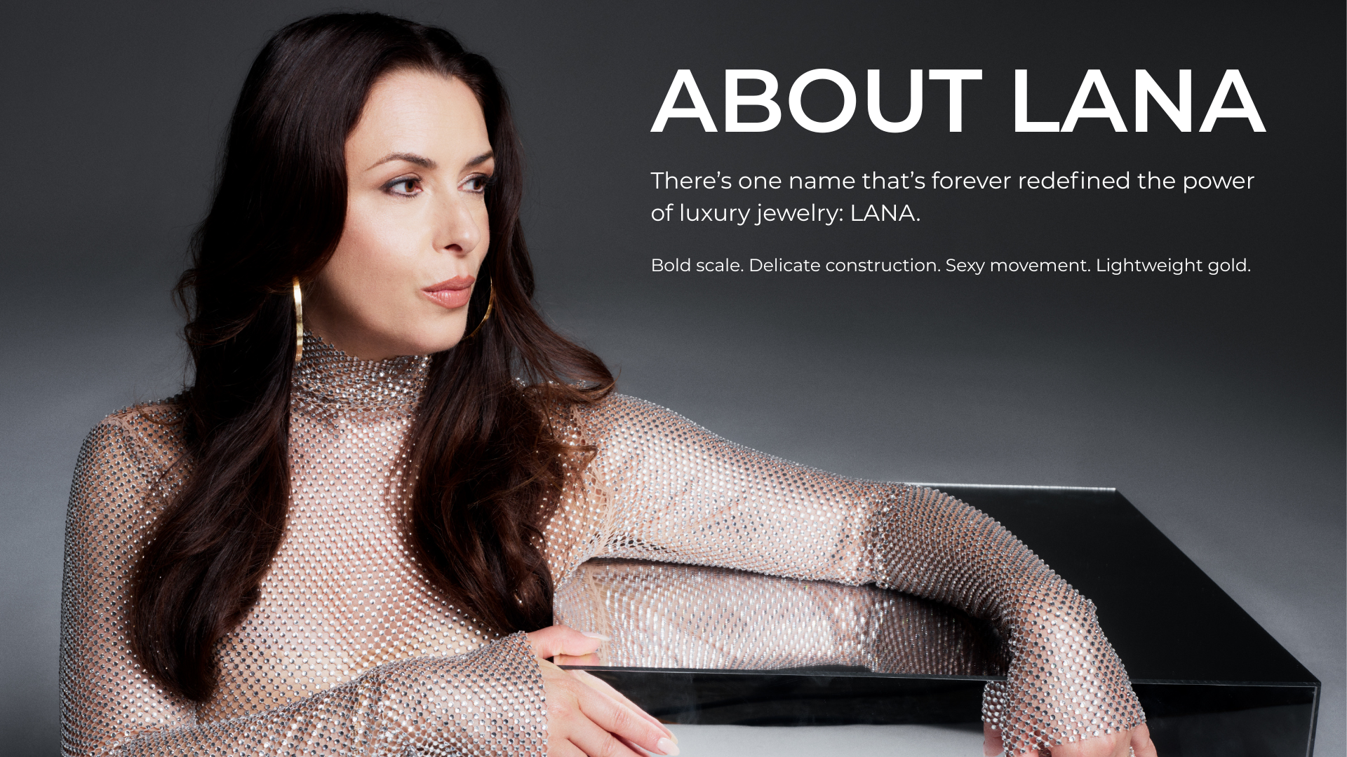 Woman in a sheer top, posing with text about Lana.