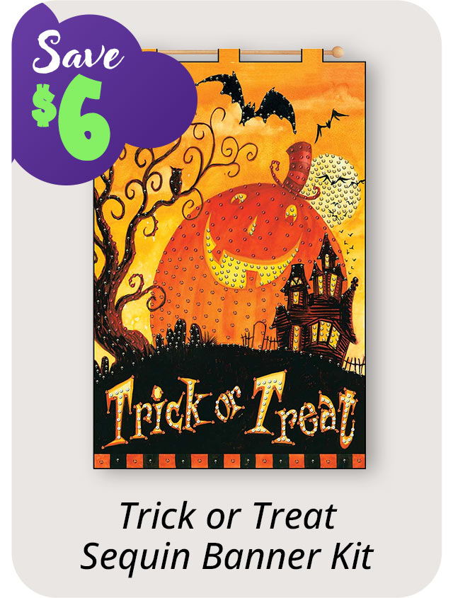 Trick or Treat Sequin Banner Kit with Halloween design. Save $6