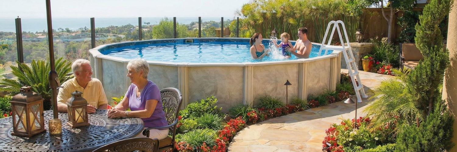 Family Enjoying Above Ground Pool 