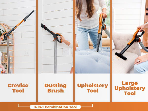 Four vacuum attachments: crevice tool, dusting brush, upholstery tool, large upholstery tool.