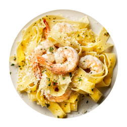 egg pasta in a cheesy sauce with shrimp