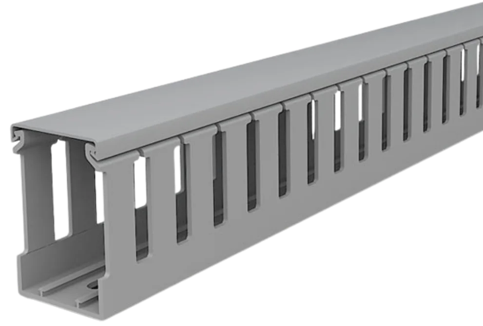 Grey wide finger slotted wiring duct with duct cover attached