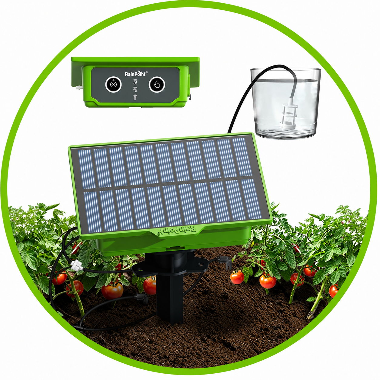 Solar-powered garden device with sensors and water container.
