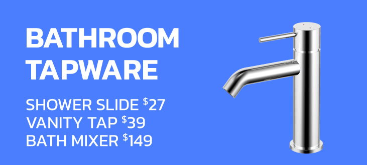 Bathroom tapware including shower slide, vanity tap, and bath mixer.