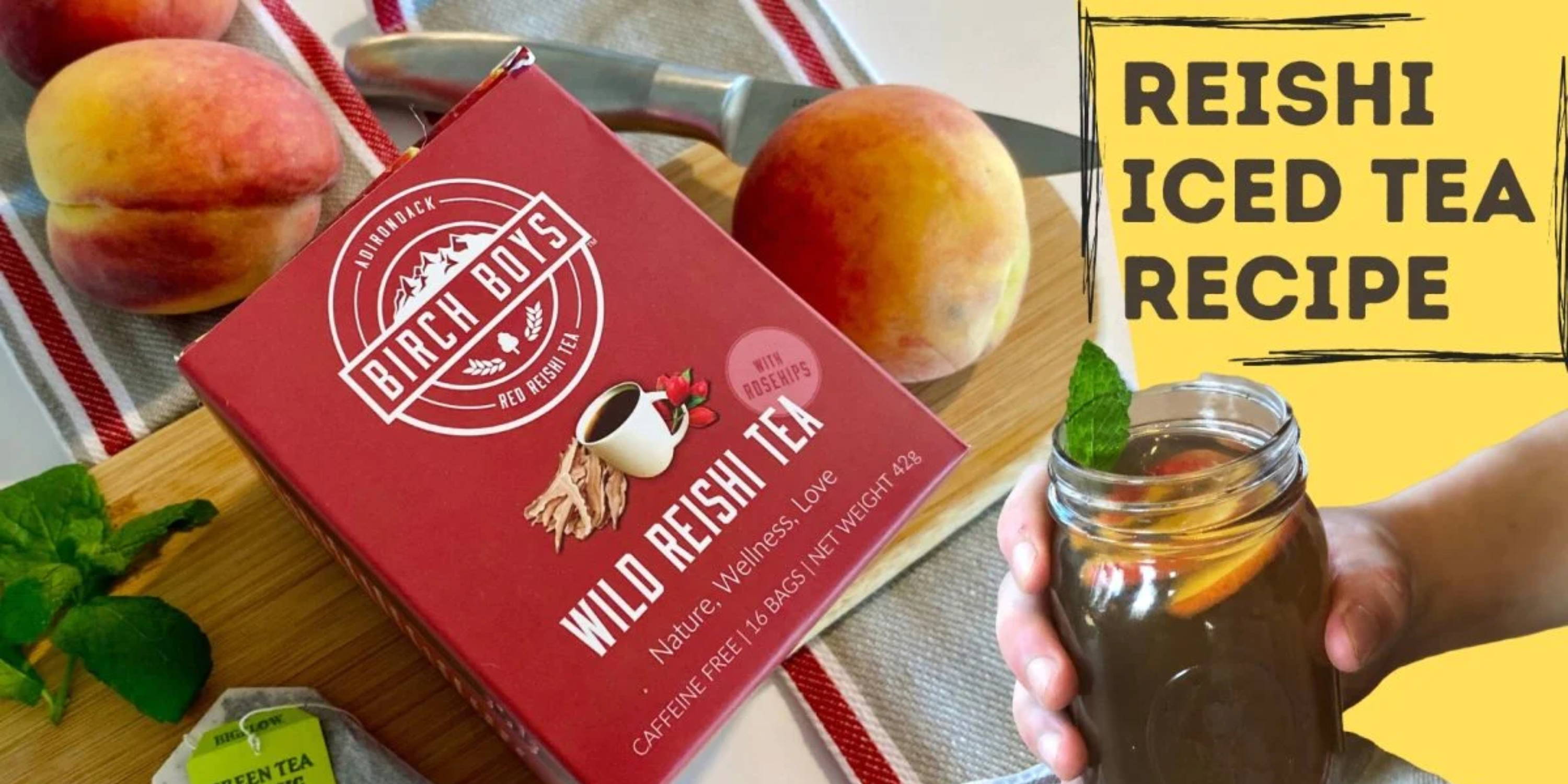 Wild Reishi Rose Tea with Peaches on a cutting board