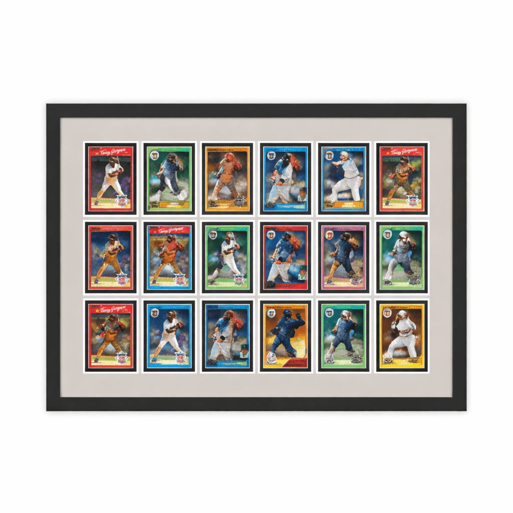 Framed collage of baseball trading cards featuring various players.