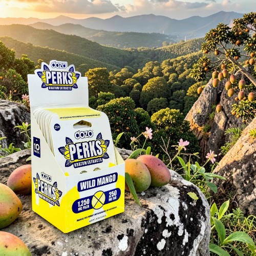 A box of Perks product in a scenic mountain landscape with mangoes.