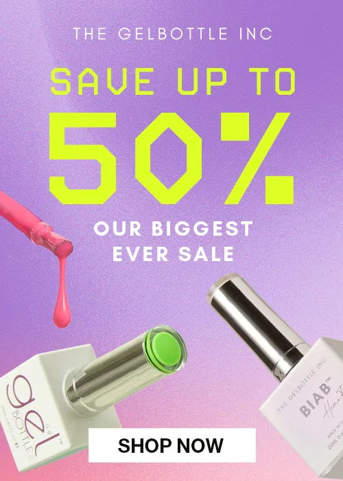 Promotional image for GelBottle Inc. sale, featuring nail polish bottles and discounts.