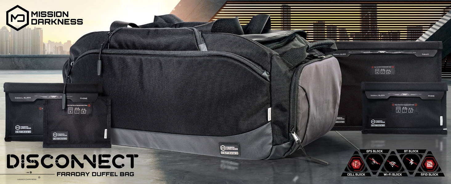 Mission Darkness Disconnect Faraday Duffel Bag with removable faraday sleeve compartments