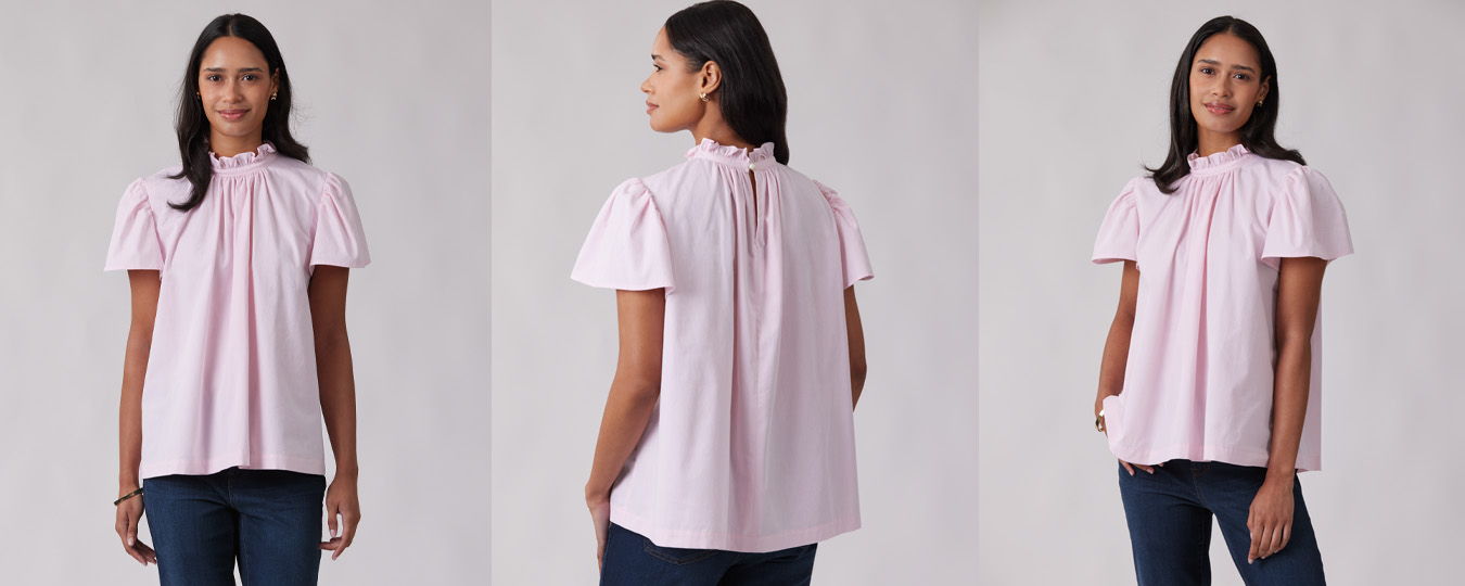 Woman in a light pink blouse, shown from three different angles.