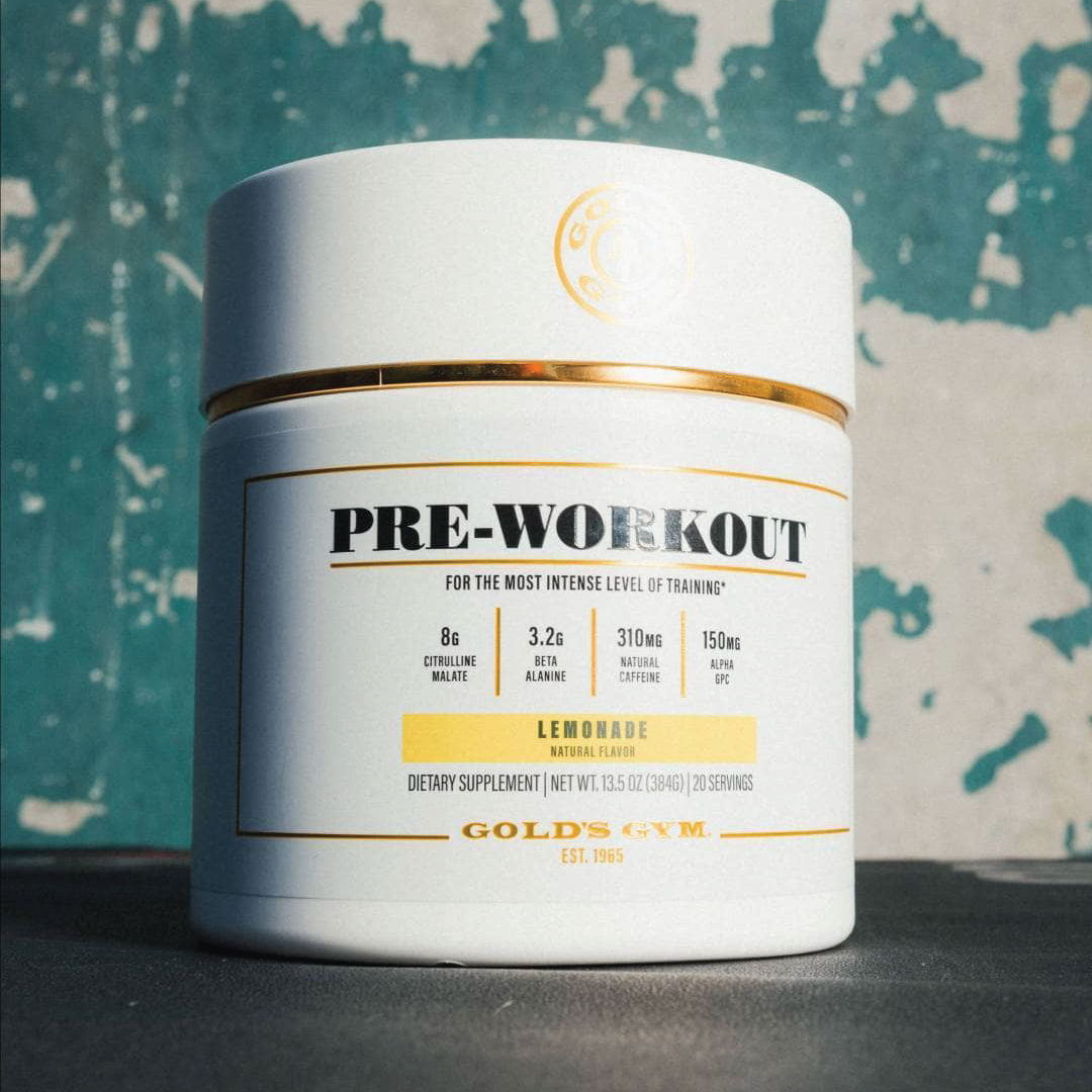 Container of pre-workout supplement on a textured background.