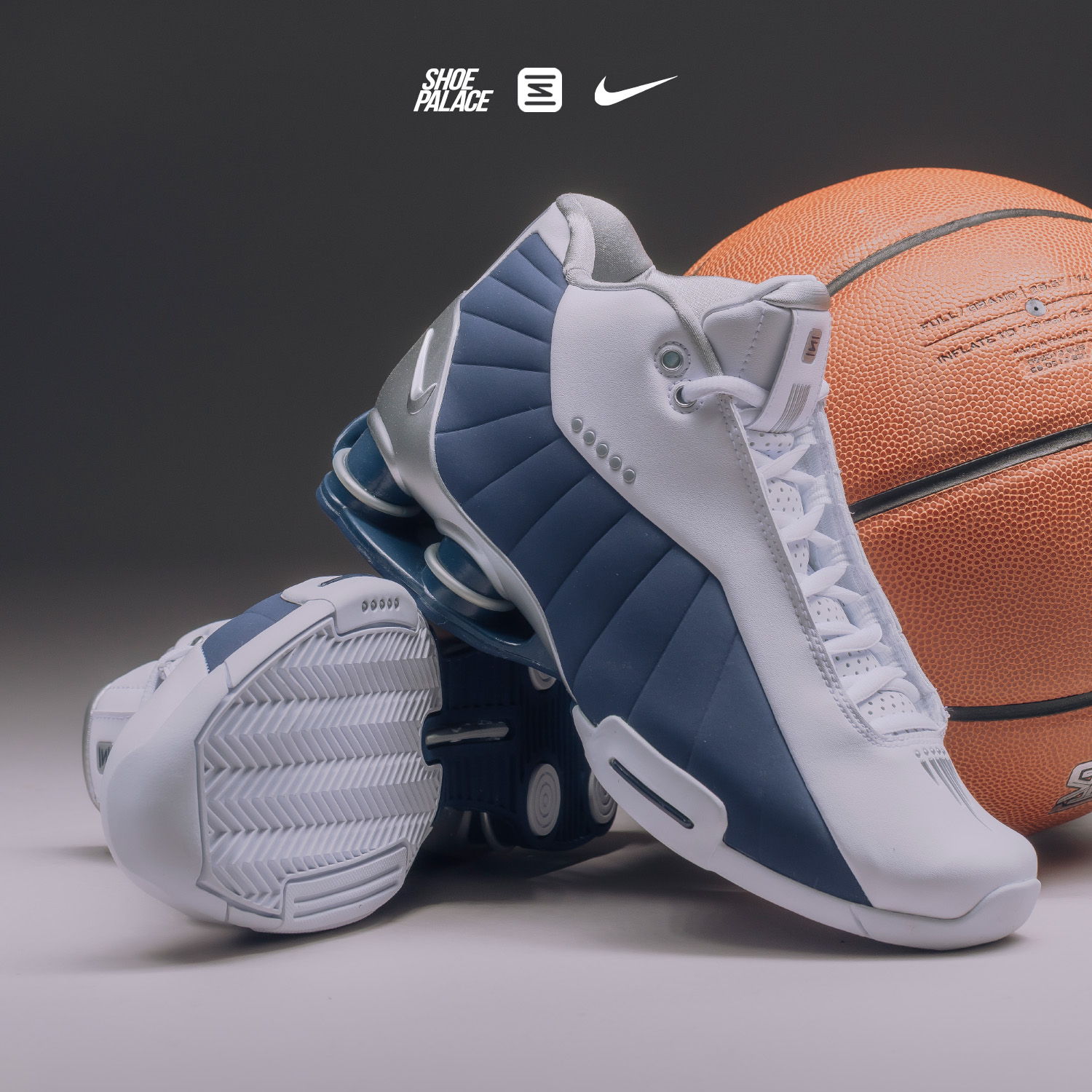 Basketball shoes with a basketball in the background.