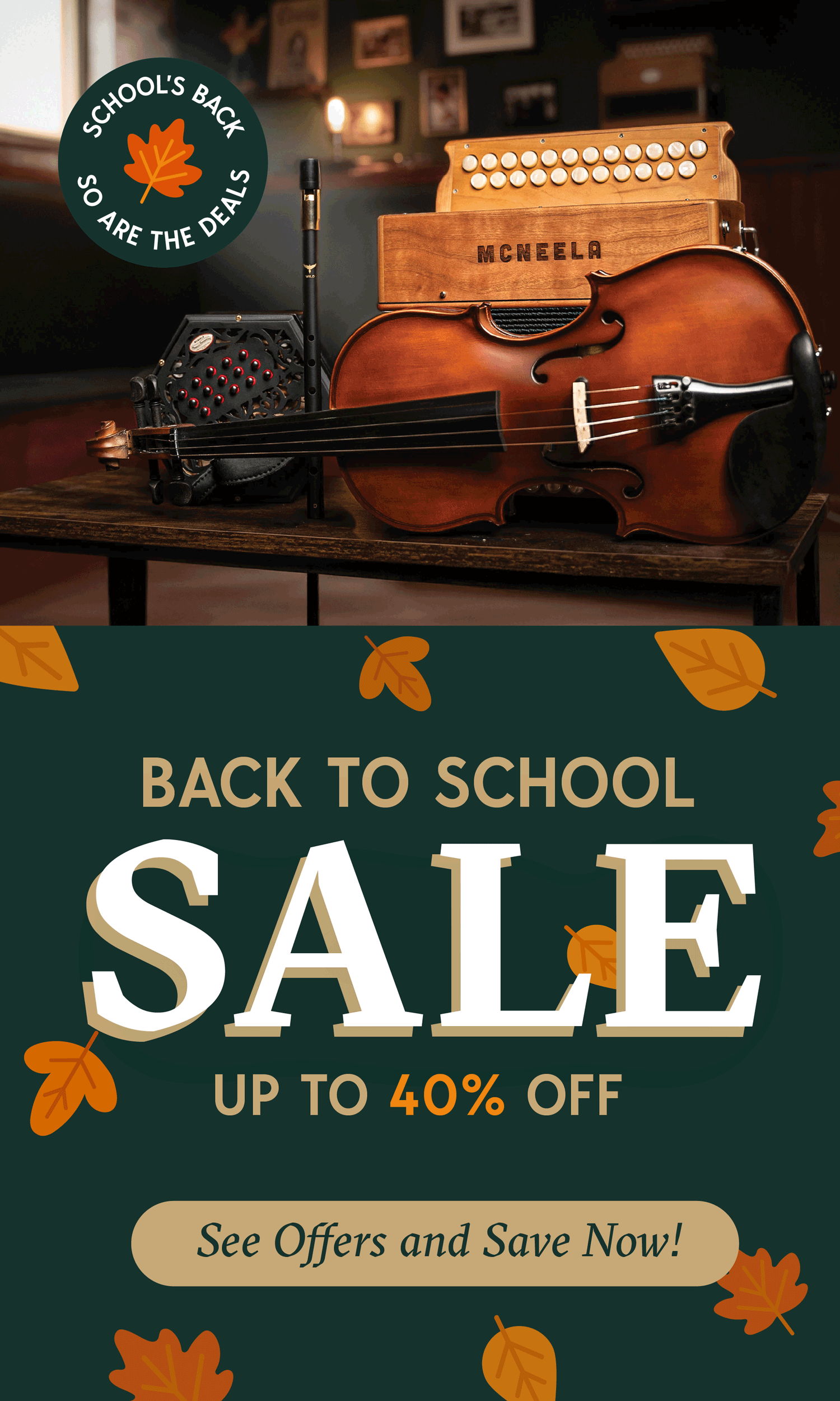 Back to school sale - Up to 40% off! See Offers and Save Now! (Image of McNeela violin, concertina, whistle, and accordion in a pub setting)
