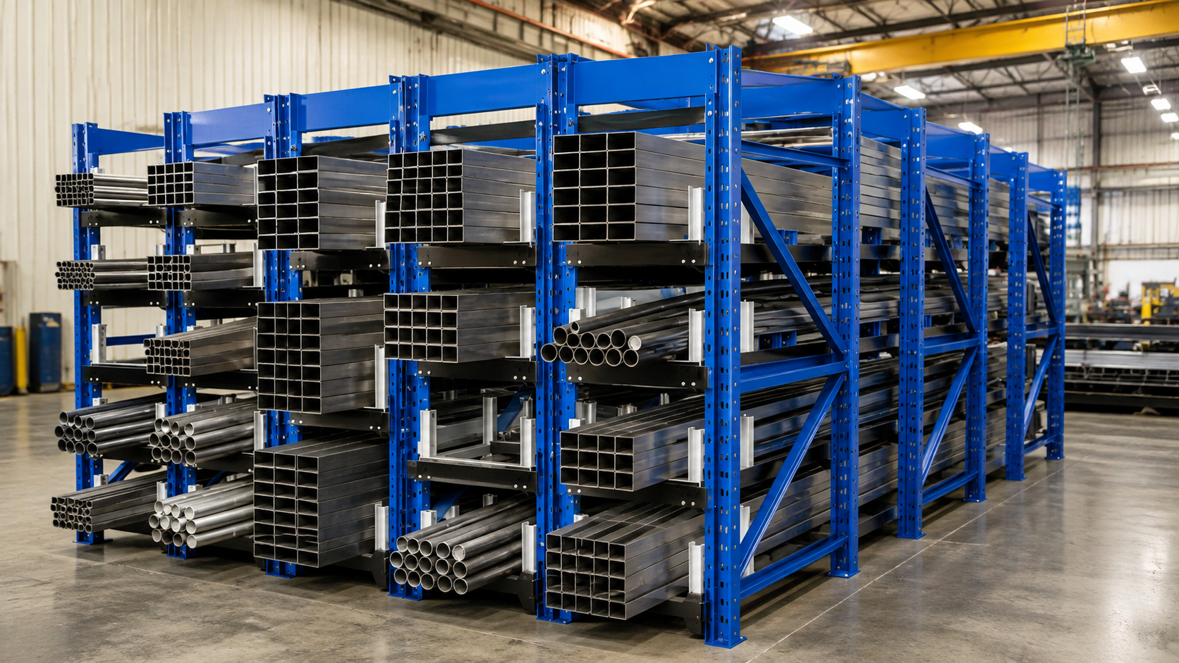 Blue industrial shelving unit with stacked metal materials.