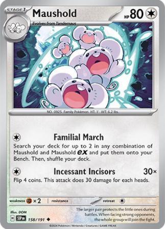 Card featuring Maushold with abilities and stats for a Pokémon trading card game.