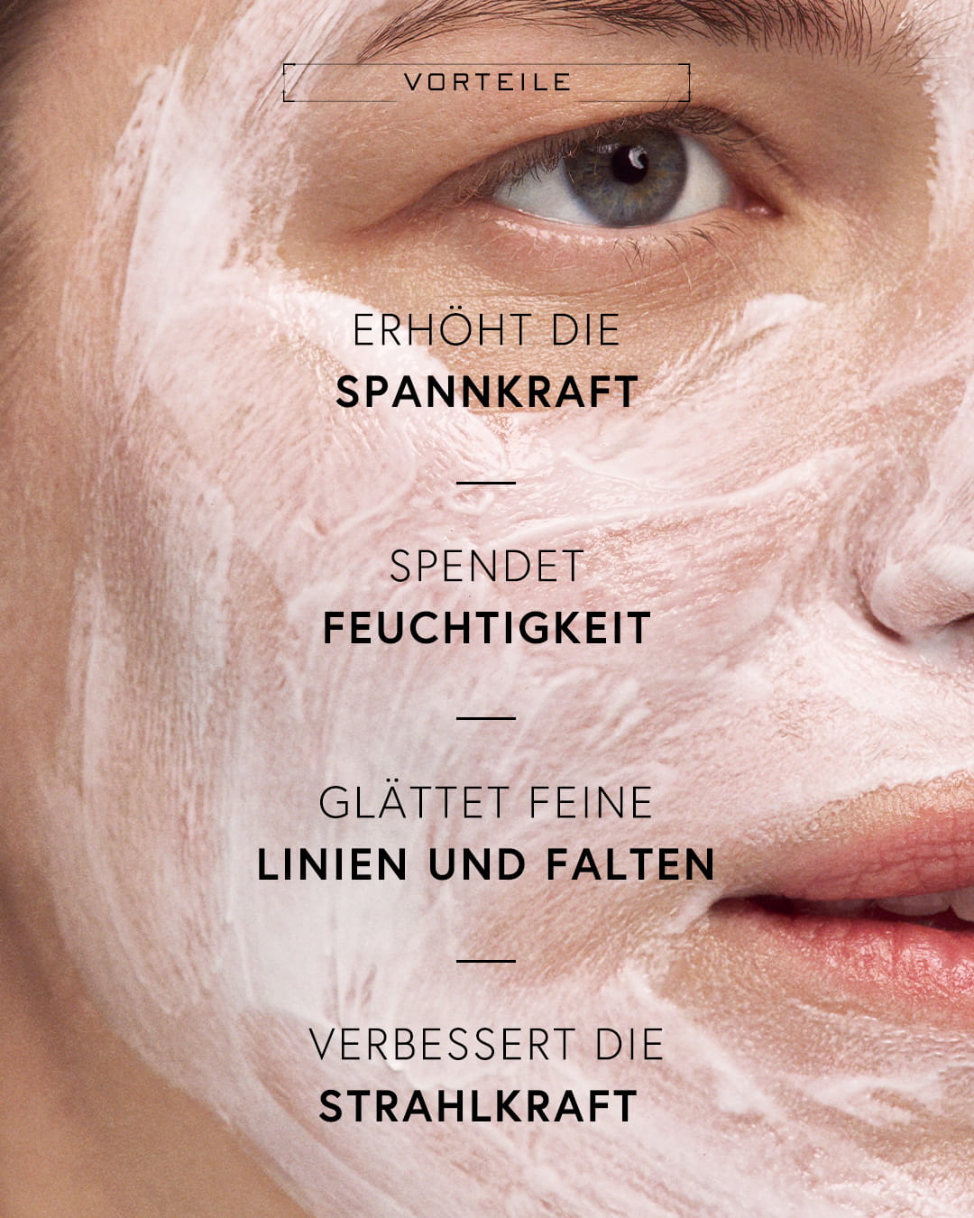 Woman's face with facial mask and text about skin benefits.