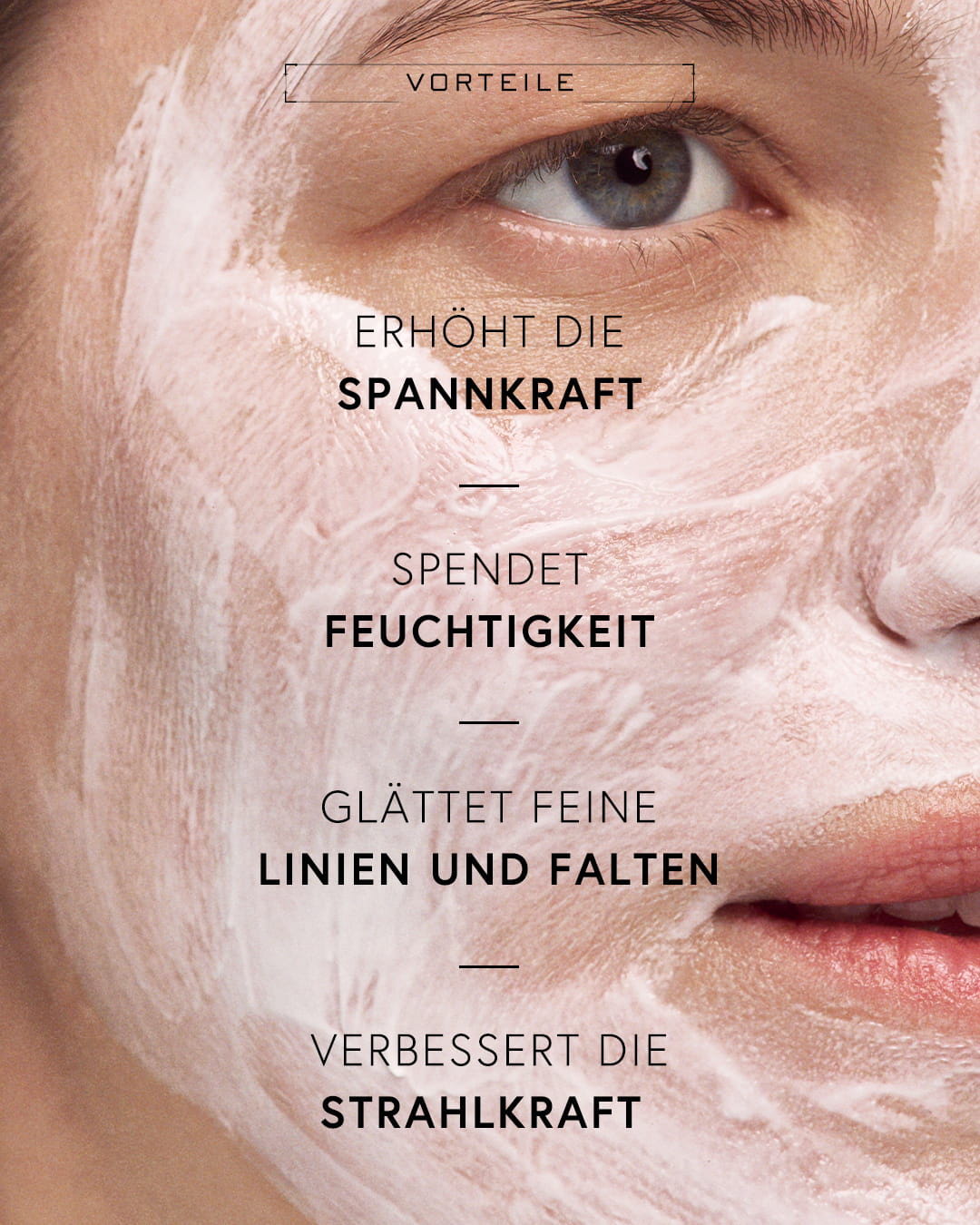 Woman's face with facial mask and text about skin benefits.