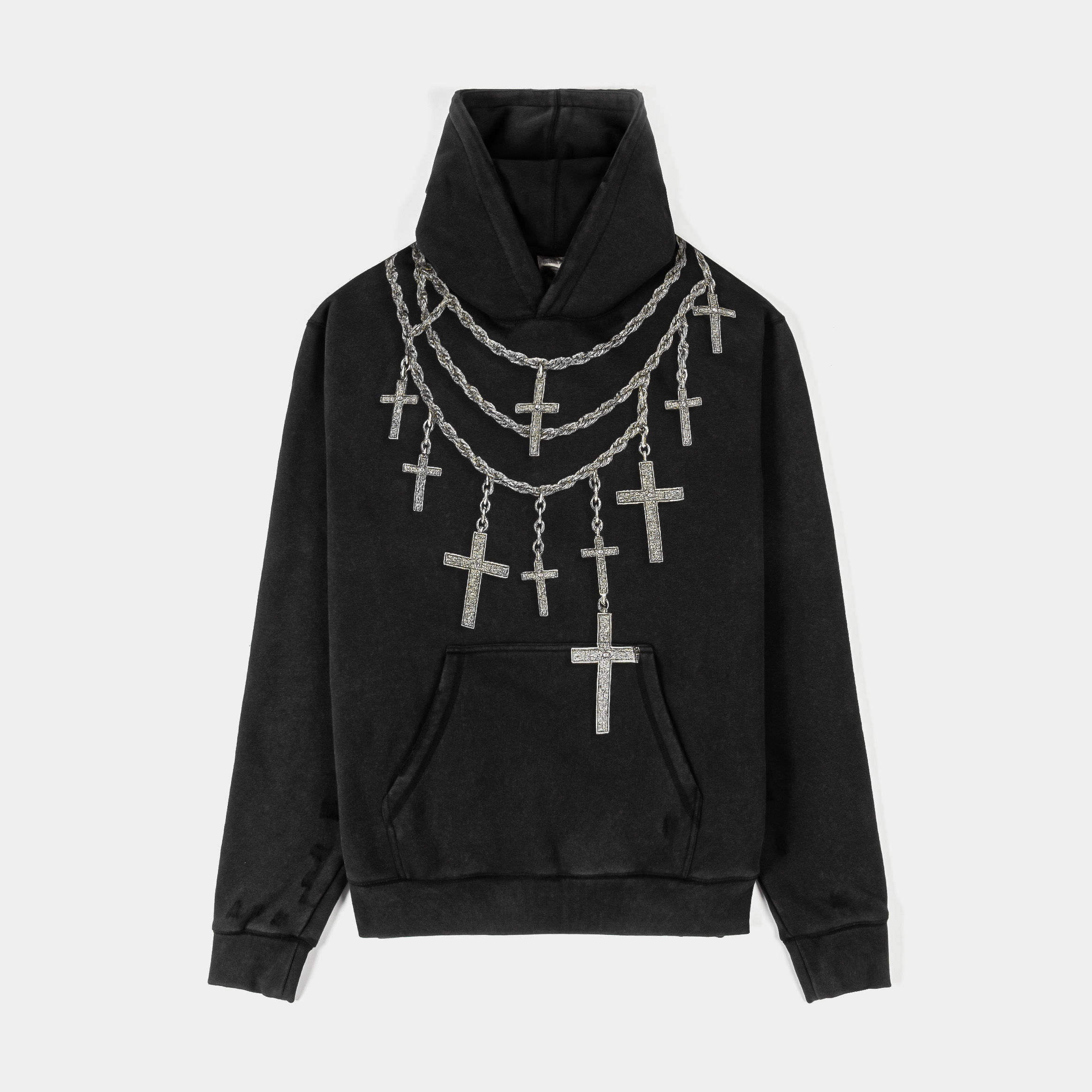 Black hoodie with silver cross designs on the front.