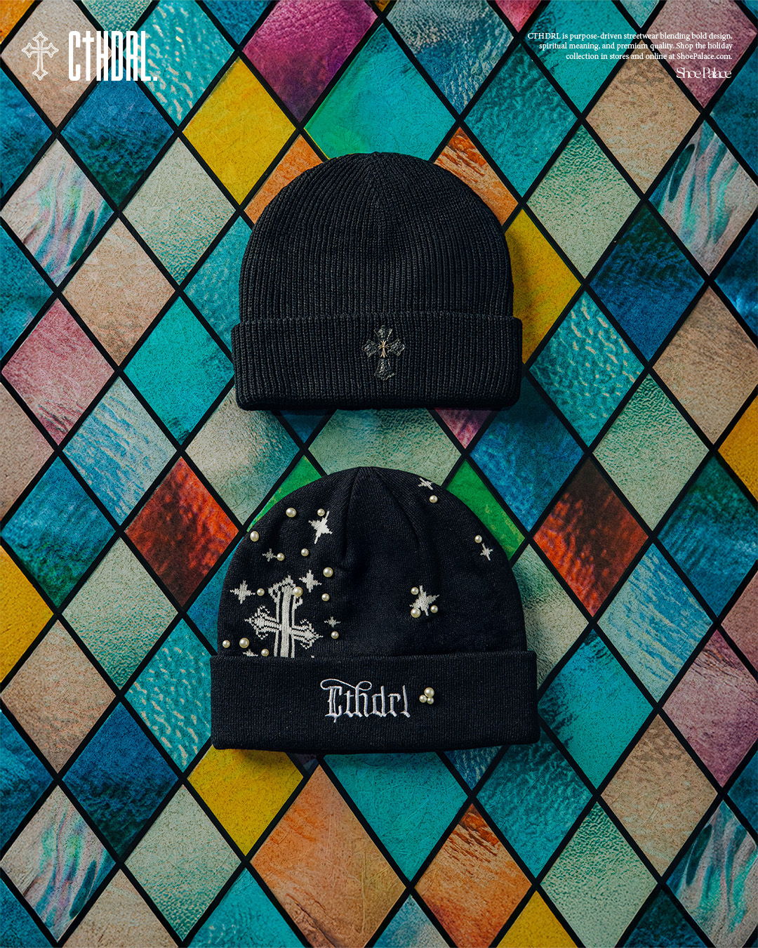 Two black beanies displayed against a colorful diamond-patterned background.
