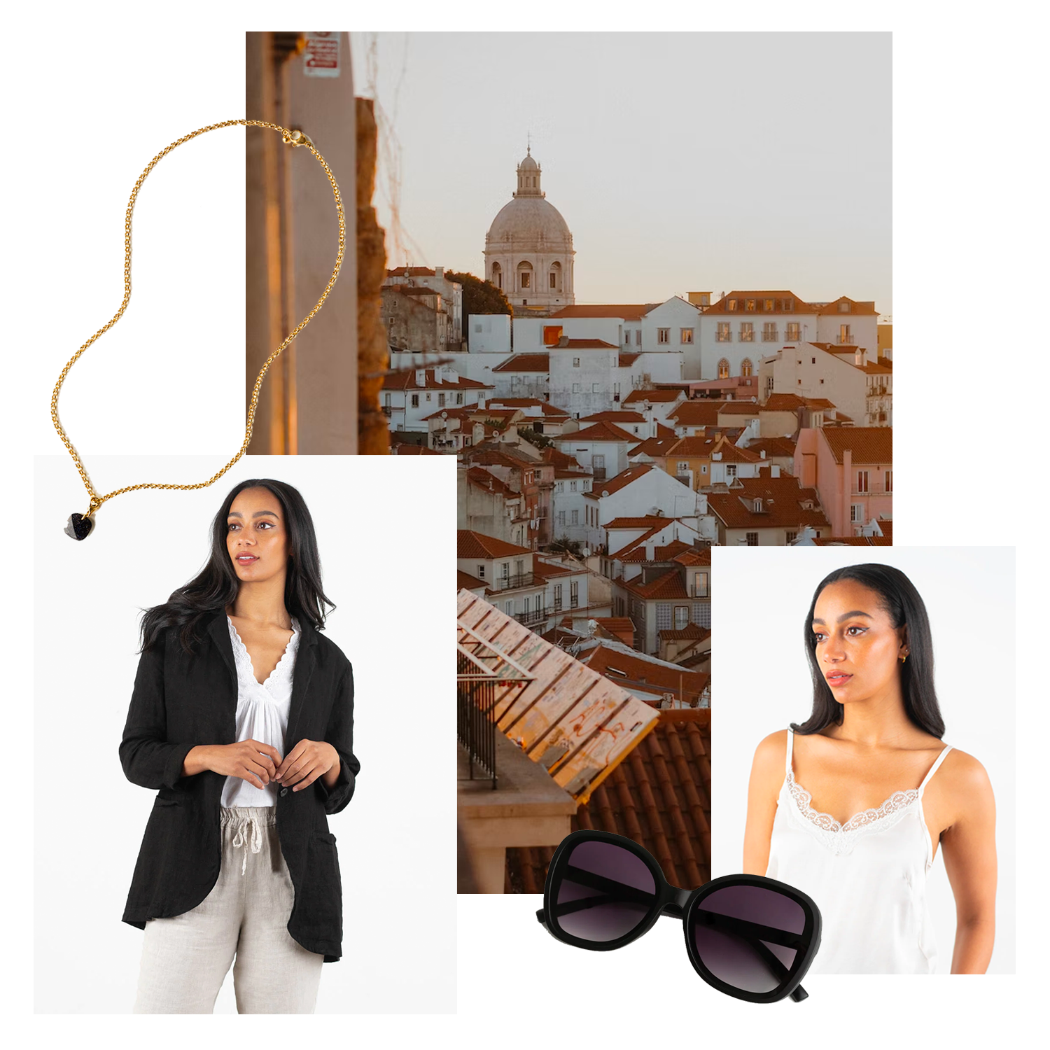 A collage of images depicting Florence skyline, a gold necklace with a black pendant, a pair of black overszied sunglasses, a model wearing an off white satin camisole with lace detailing and a model wearing a black linen jacket over a white top and taupe trousers.