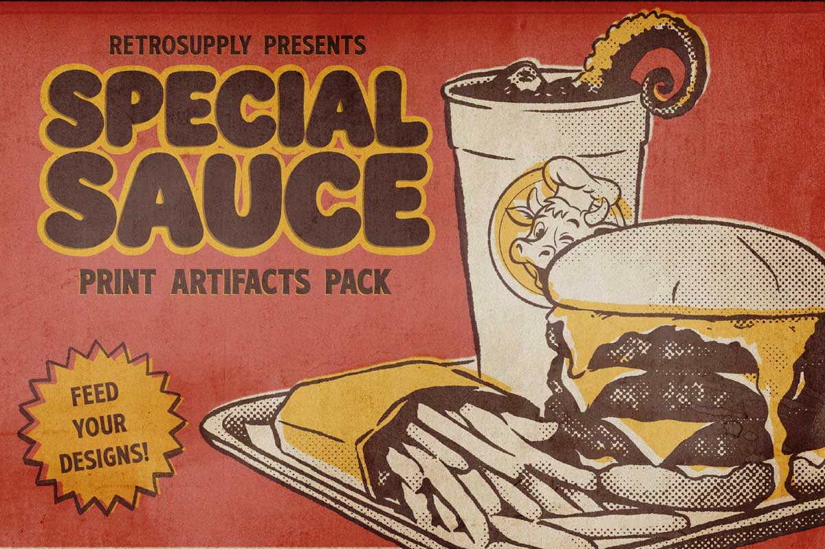 Illustration of a burger, fries, and drink with 