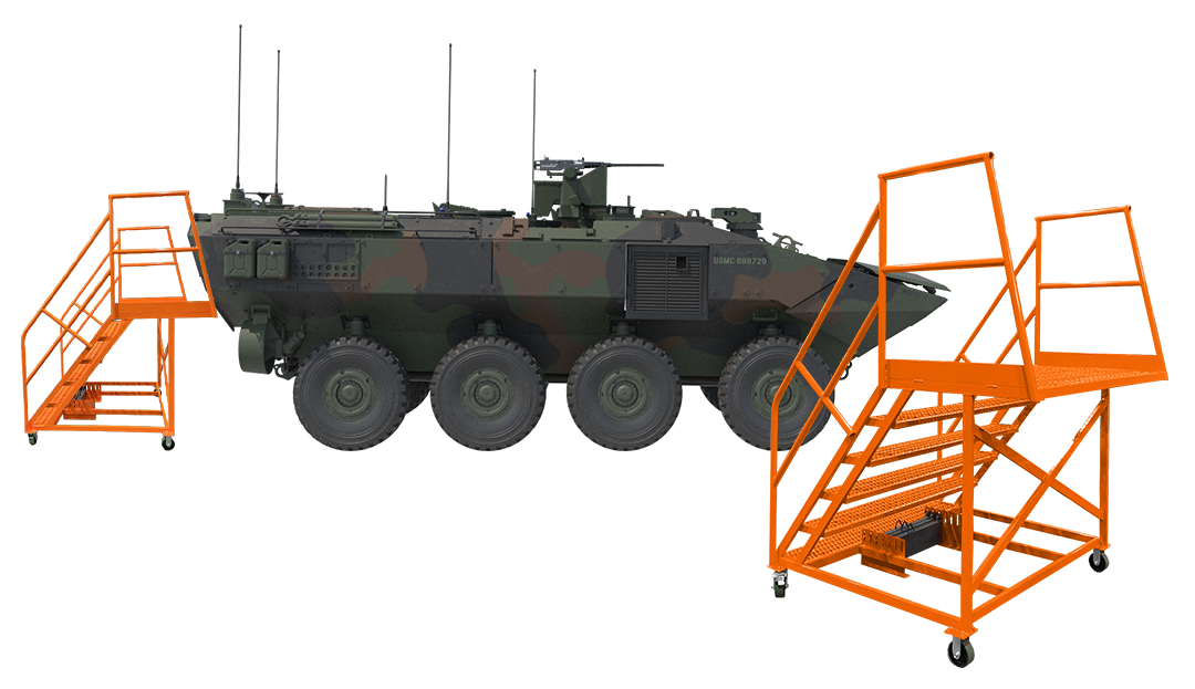 Custom cantilever access platform with extended top step designed for Amphibious Combat Vehicle production assembly line
