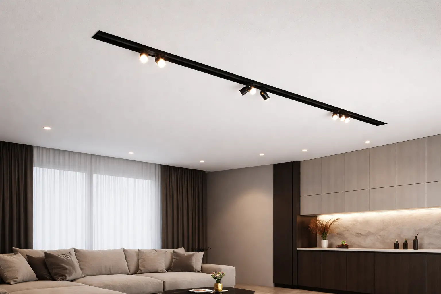 Sistema magnetico 48V da incasso con binario nero installato nel soffitto di un soggiorno moderno
