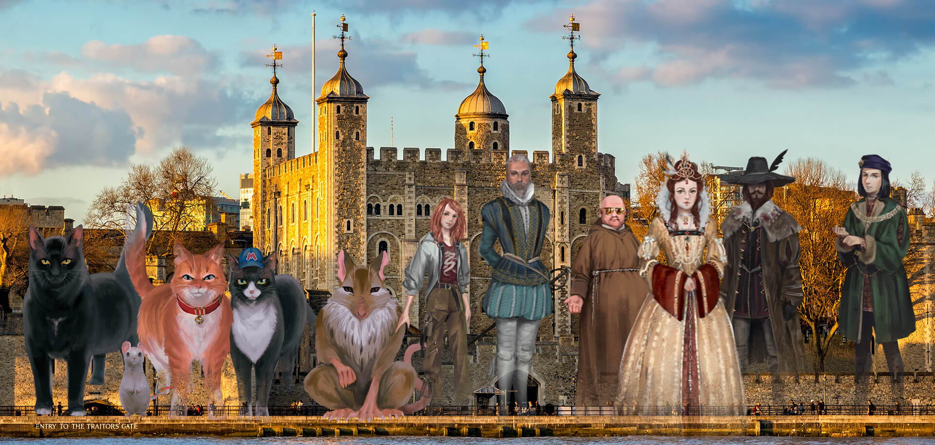 A picture of the Tower of London bathed in yellow sunlight taken from across the River Thames. In front in a line looking forward are the main ghost and animal cast of Thunderpaws