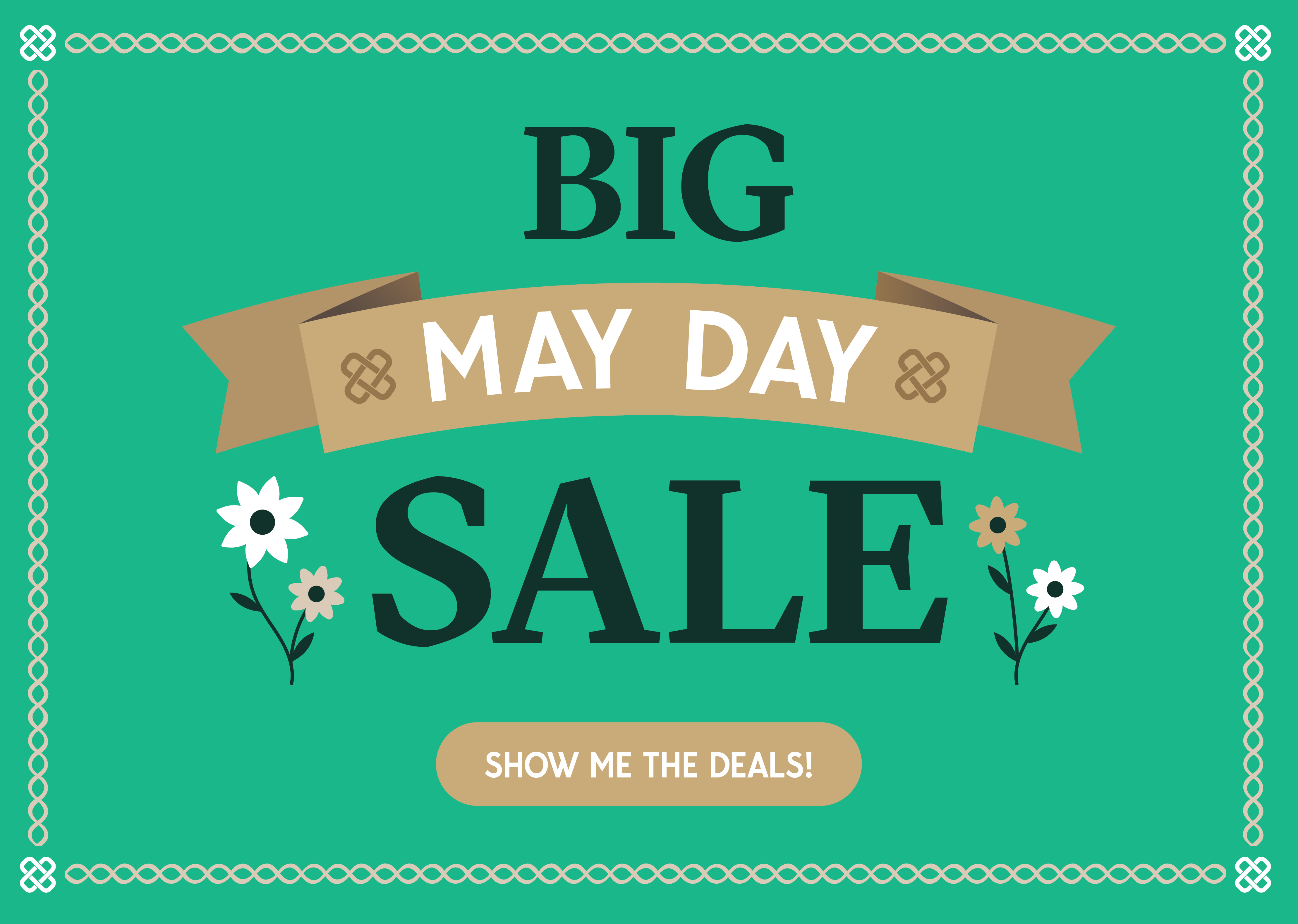 Big May Day Sale banner with flowers and call to action.