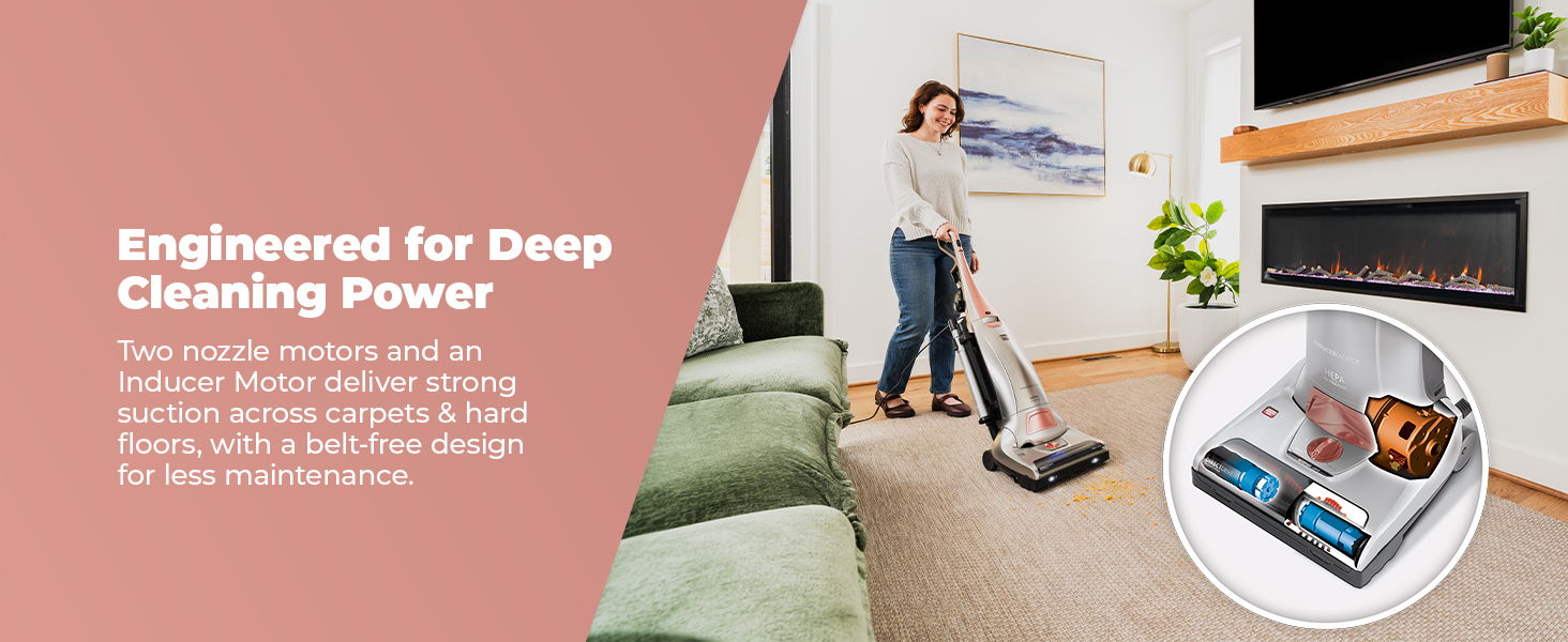 Woman vacuuming a living room with a cozy, modern design.