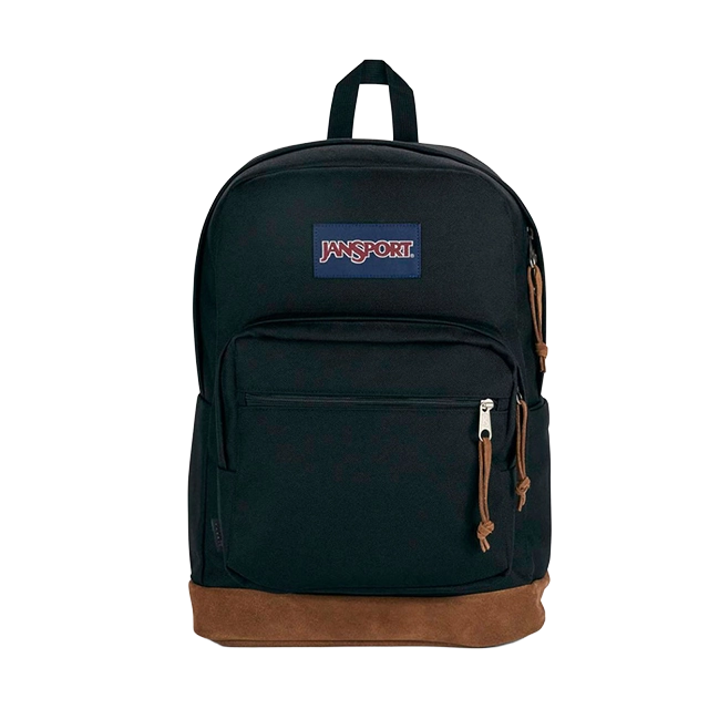 Black backpack with brown bottom and logo on the front.