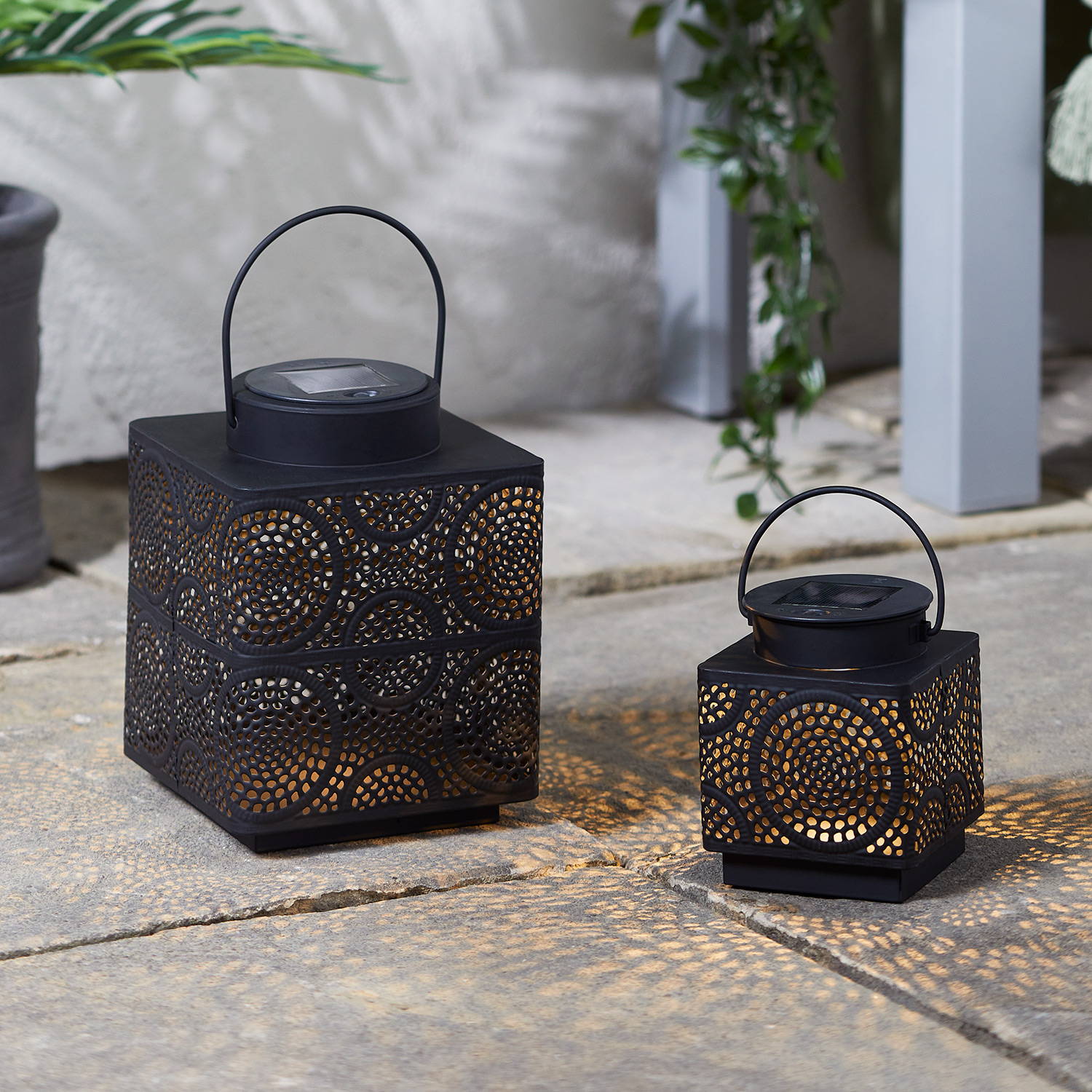Taza Moroccan solar lantern duo sat on patio